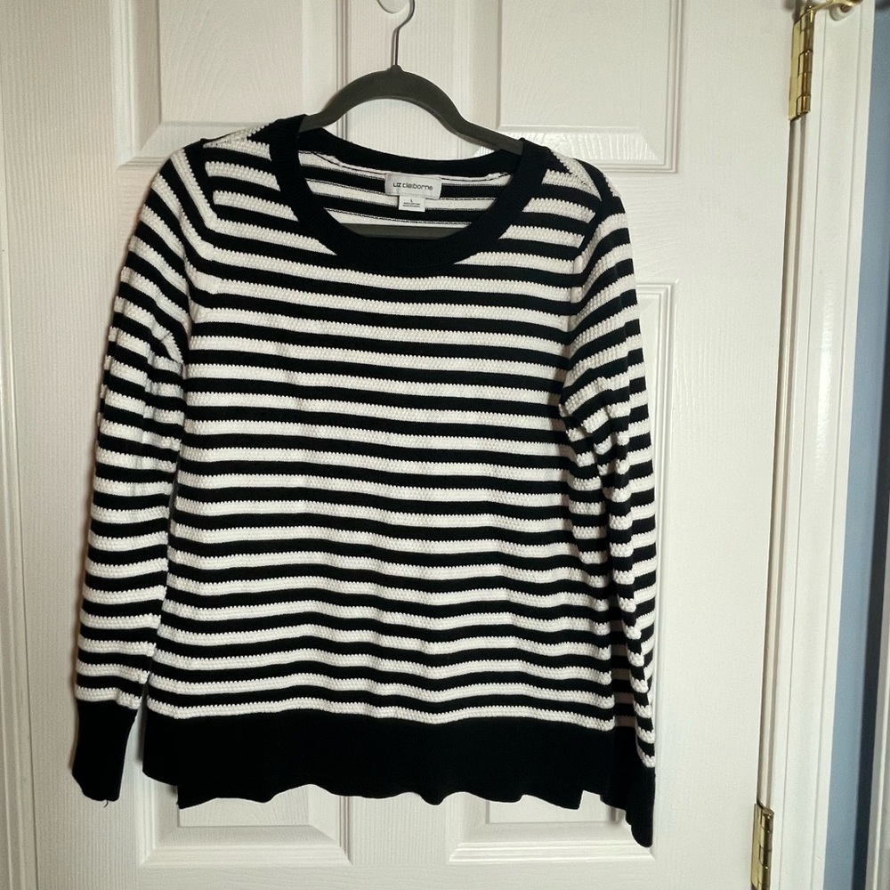 Liz Claiborne Black and White Striped Crew Neck Sweater